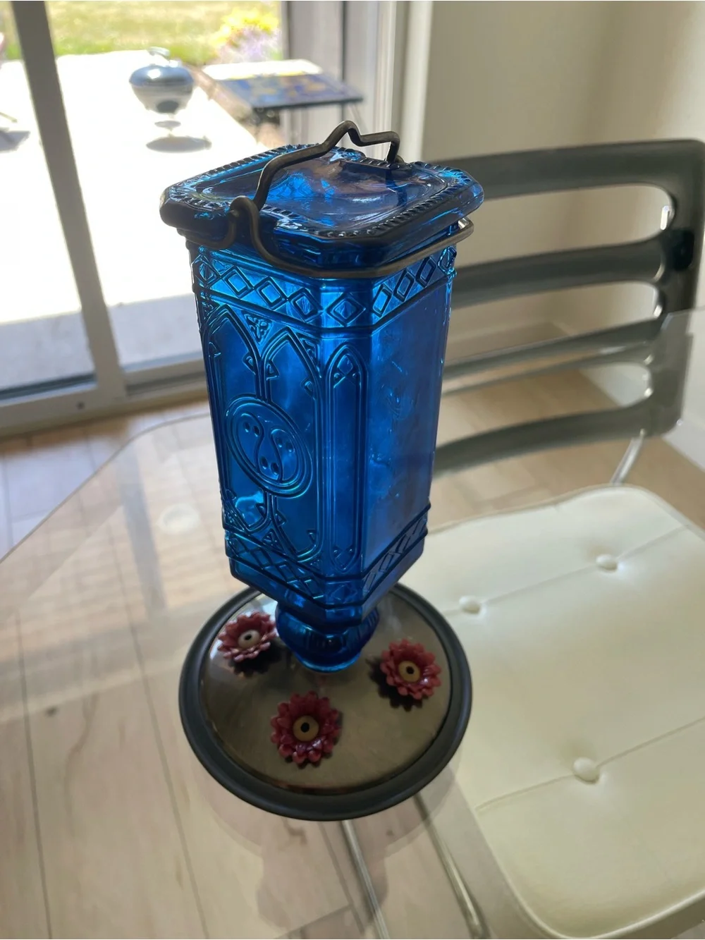 Cobalt Blue Glass Hanging Hummingbird Feeder - Home Accents